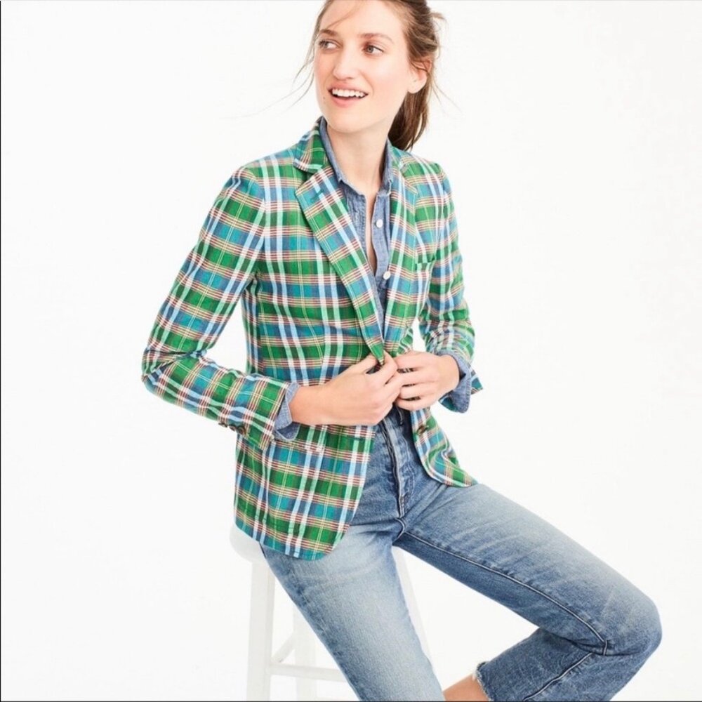J. Crew Vibrant Green and Blue Plaid Blazer